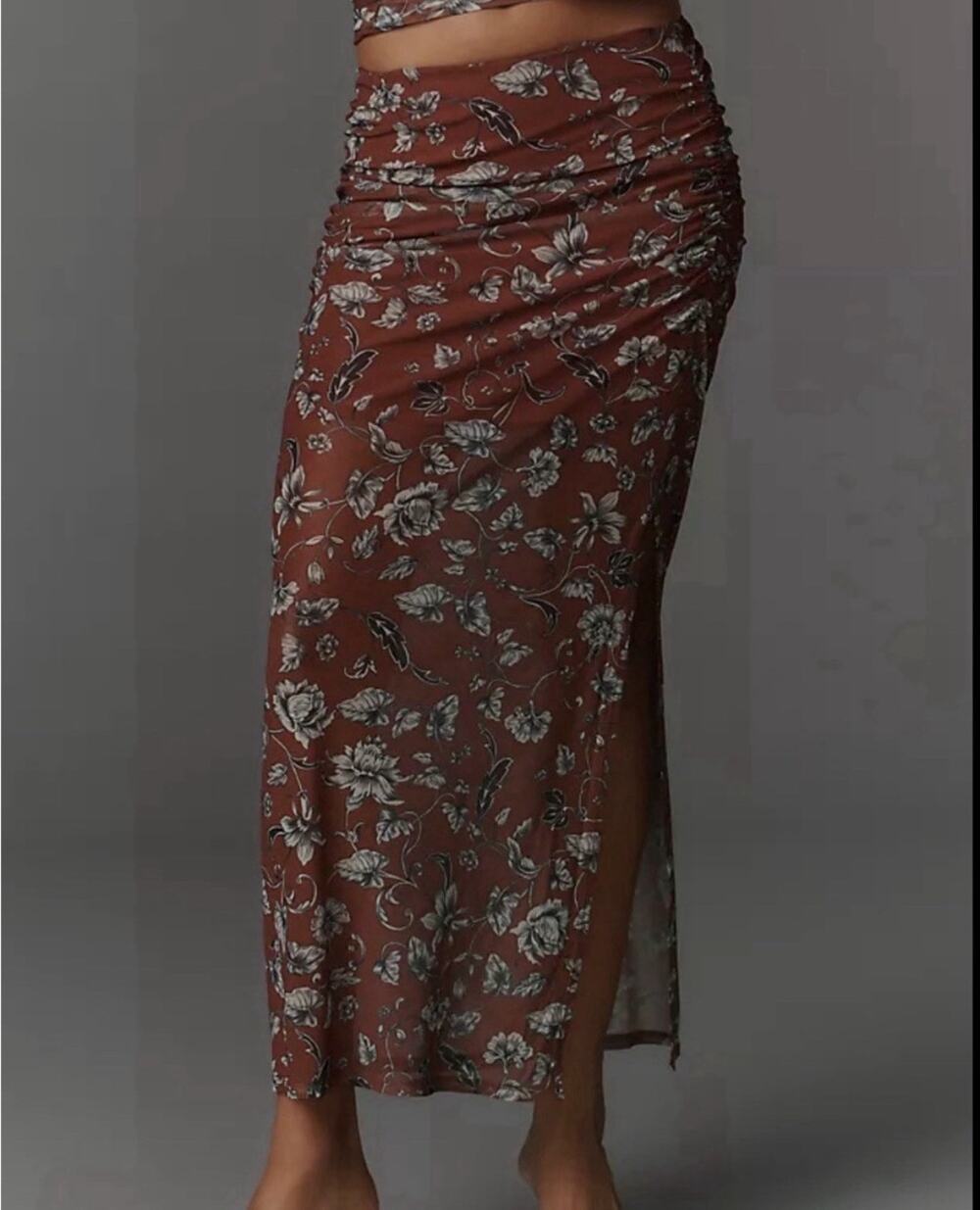 Anthropologie Aleda Mesh Ruched Maxi Skirt by Maeve- Brown Floral RET: $78 Sz S